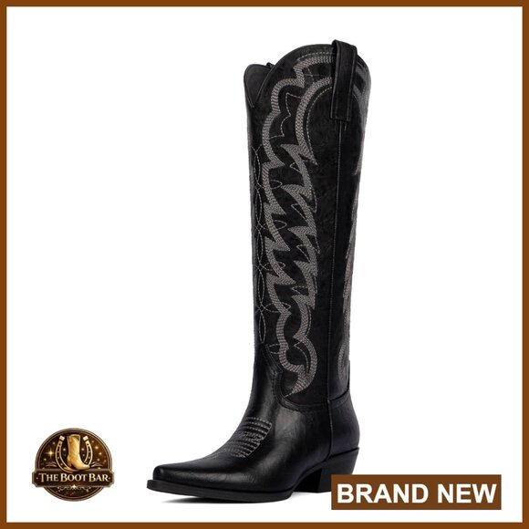 Pointed Toe Knee High Cowgirl Boots Chunky Heel Embroidered Western Pull On
